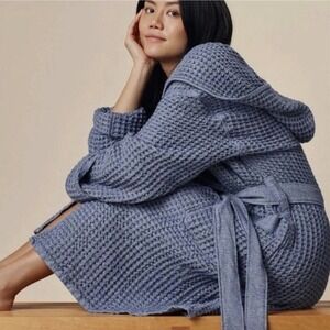 Onsen Waffle Weave Supima Cotton Hooded Spa Robe Blue Medium Luxury Bathrobe